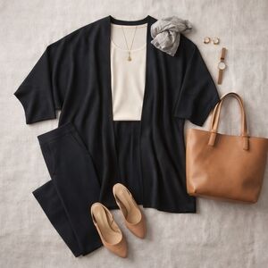 Franne Golde open front black kimono wrap S/M travel-friendly capsule wardrobe